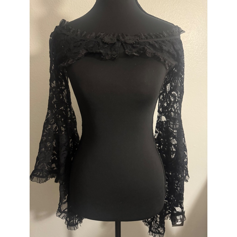 Romwe Black Lace Shrug Bolero Off Shoulder Bell Sleeve Gothic Crop Top Small